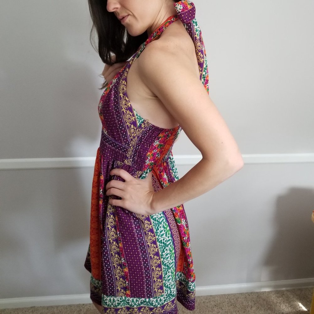 Fit & Flare High Neck Halter Patchwork Dress - Picture 2 of 5